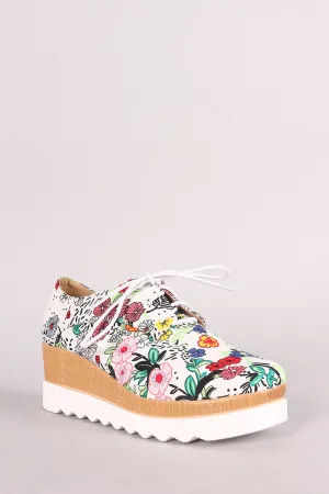 Floral Lug Sole Lace Up Oxford Platform Wedge